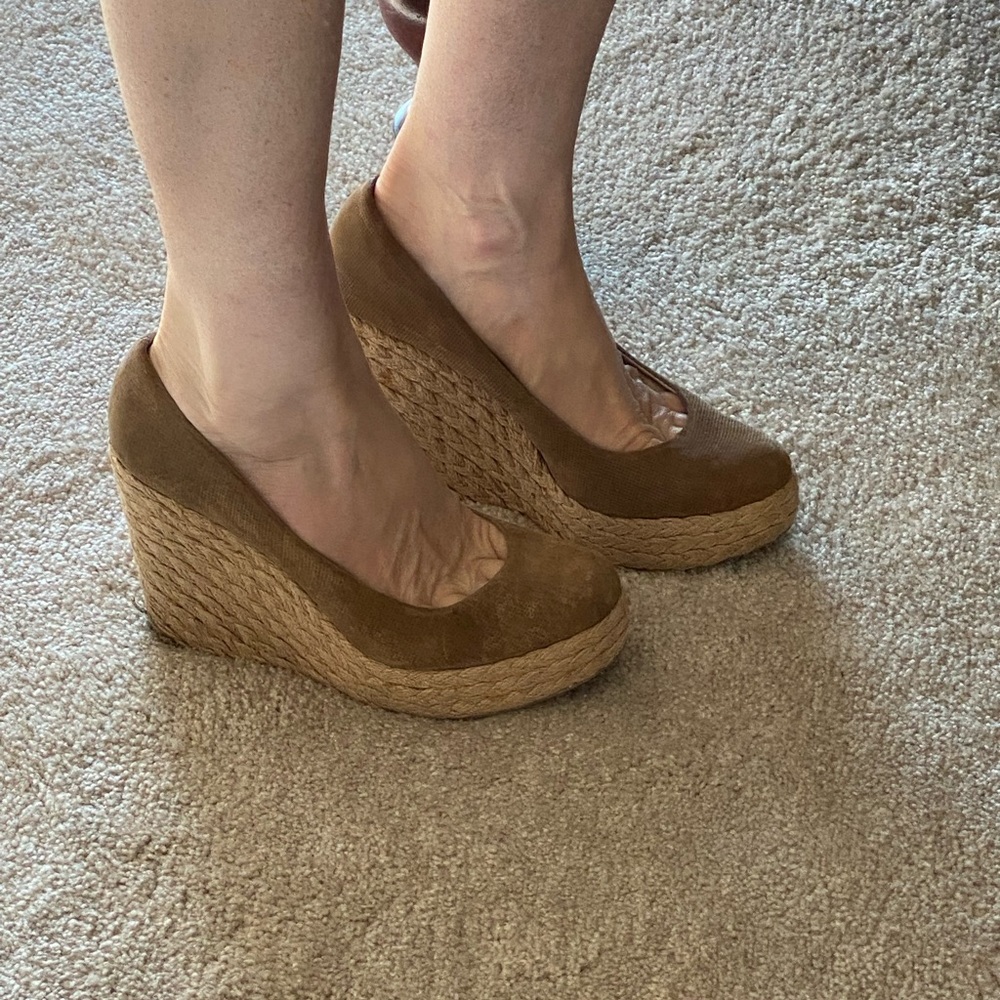 Brown ultra suede platform espadrilles rope heels